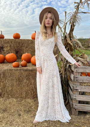 Square Neck Ivory Lace Boho Wedding Dress